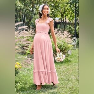 OUGES 2025 Photoshoot Boho Smocked Baby Shower Dress Ruffle Sleeve Maternity